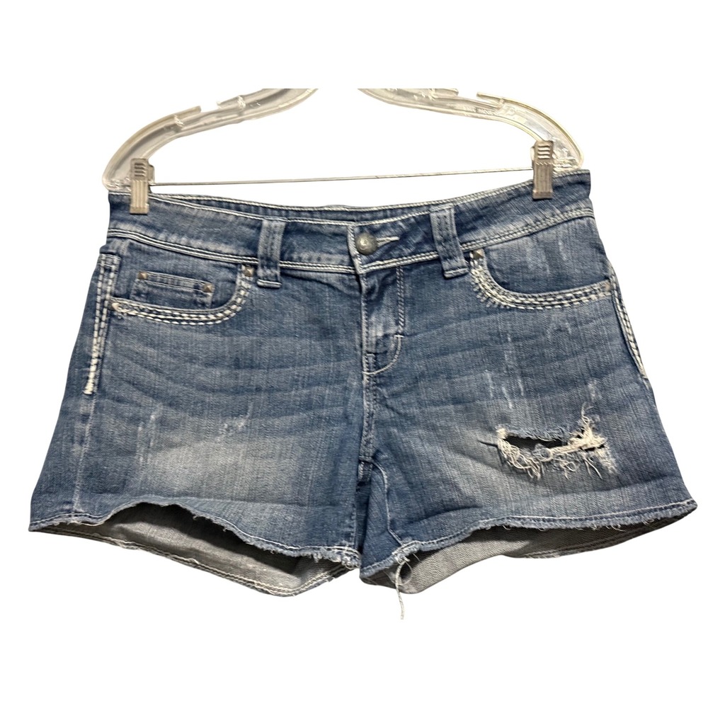Daytrip Womens Blue Distressed Denim Cut‎ Off Shorts Medium Wash Studded Size 29